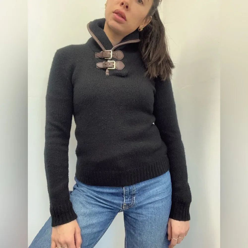 Black Label Ralph Lauren Black Knit 100% Cashmere & Leather Buckle Sweater M